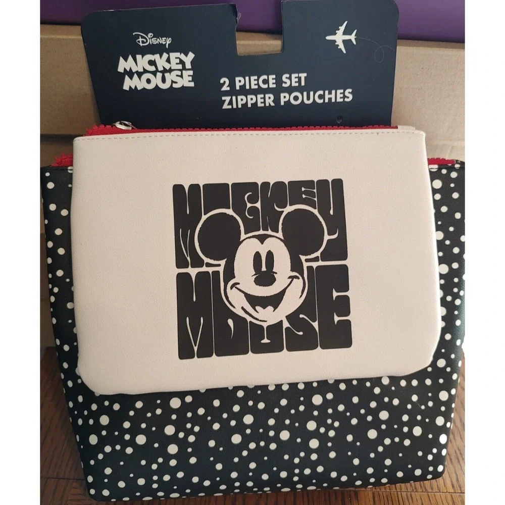 NEW Disney MICKEY MOUSE Zipper Pouch‎ Set of 2 NIP Black/Cream